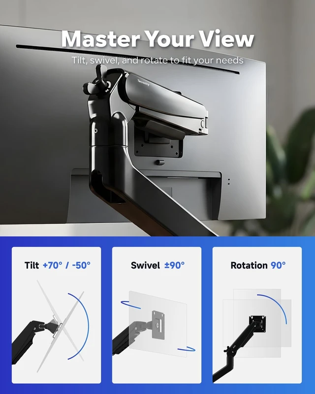 Alt view image 5 of 5 - Tecrosiny Single Monitor Arm, White Gas Spring Desk Mount for 17"-34" Screens, Holds Up to 26.5 lbs, VESA 75x75/100x100, C-Clamp & Grommet Base (Black)