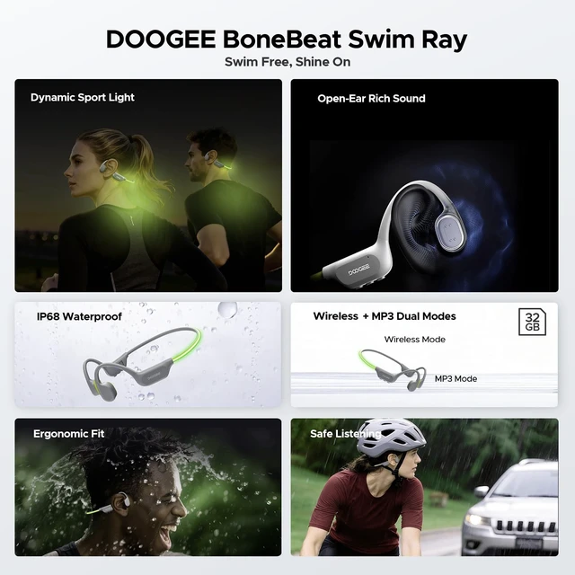 Alt view image 2 of 5 - DOOGEEEco Open-Ear IP68 Waterproof Swimming Headphones with Light Strip