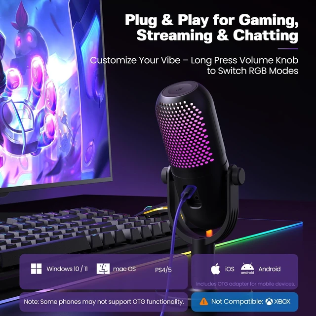 Alt view image 5 of 5 - USB Microphone for PC Gaming: Condenser Microphone RGB for Gamer with Stand Mic - Recording Mic for Computer&Laptop with Qiuck Mute - Desk Podcast Mic for Podcast & Singing & Streaming & Youtube Black