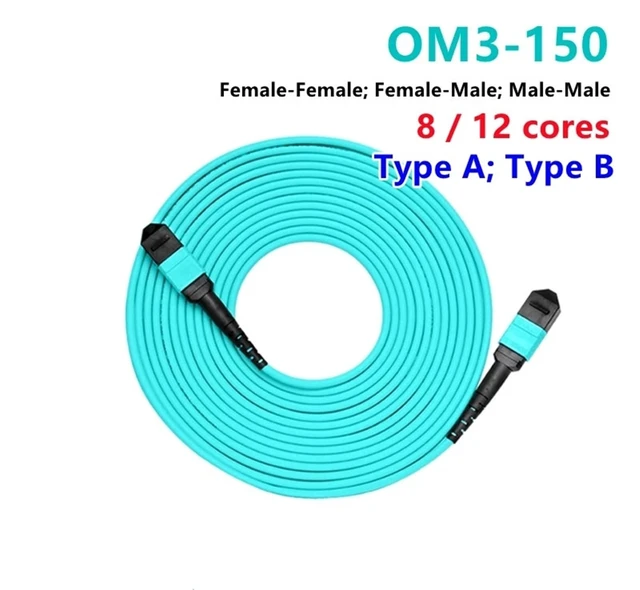 Alt view image 2 of 4 - NHBQPOG 12-Fiber MPO-MPO OM3 Fiber Patch Cord - 3-m/15m Length, Type A/B(40M,8C Male-Male B)