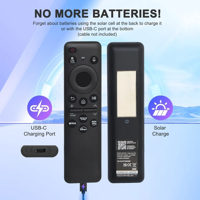 Alt view image 5 of 5 - BN59-01432A Rechargeable Voice Solar Remote Control can Replace the for Samsung smart TV Remote Control and is Suitable for Samsung 2019-2025 NEO QLED, Crystal UHD, OLED 4K TVS - Black