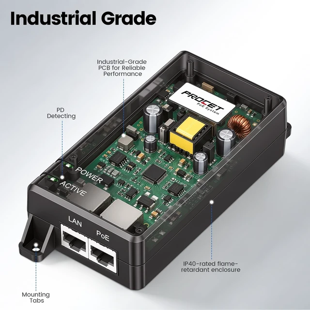 Alt view image 4 of 5 - PROCET 10GbE PoE Injector 30W 55V 10 Gigabit IEEE 802.3AT
