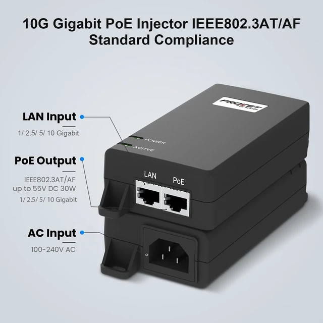 Alt view image 2 of 5 - PROCET 10GbE PoE Injector 30W 55V 10 Gigabit IEEE 802.3AT
