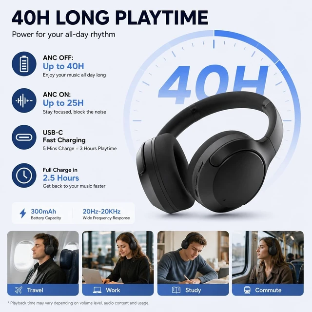 Alt view image 3 of 5 - MZYML Active Noise Cancelling Headphones, Bluetooth 5.4 Over-Ear Headphones