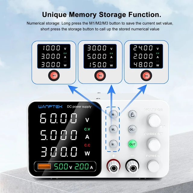 Alt view image 3 of 5 - WANPTEK DC Power Supply Variable 060V 05A, Adjustable Switching Regulated Bench Power Supply with Memory Preset, Lock Key, OCP Protection, USB Fast Charging for Laboratory/Electronic Repair