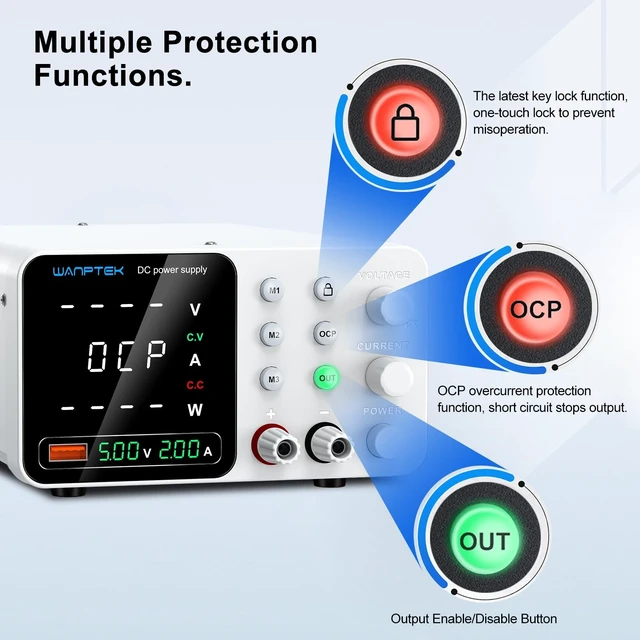 Alt view image 4 of 5 - WANPTEK DC Power Supply Variable 060V 05A, Adjustable Switching Regulated Bench Power Supply with Memory Preset, Lock Key, OCP Protection, USB Fast Charging for Laboratory/Electronic Repair