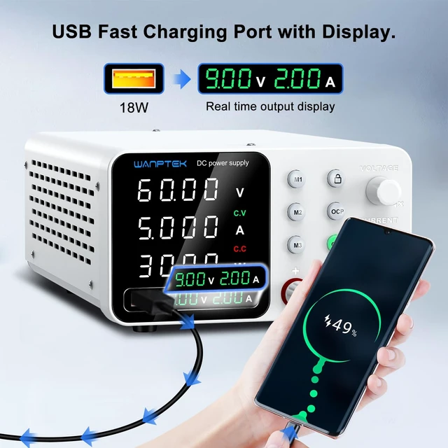 Alt view image 5 of 5 - WANPTEK DC Power Supply Variable 060V 05A, Adjustable Switching Regulated Bench Power Supply with Memory Preset, Lock Key, OCP Protection, USB Fast Charging for Laboratory/Electronic Repair