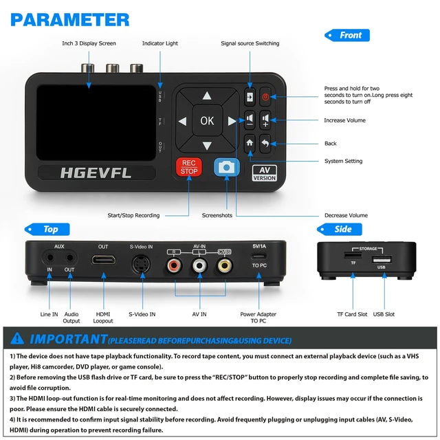 Alt view image 5 of 5 - HGEVFL VHS to Digital Converter with 3" Display, AV & HDMI Video Capture Device, VCR to Digital Recorder for VHS Tapes, Hi8, Mini DV, DVD, Camcorders, Gaming, TV Box USB/TF Storage-Black
