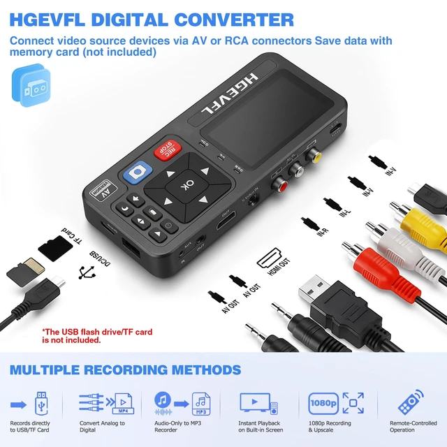 Alt view image 4 of 5 - HGEVFL VHS to Digital Converter with 3" Display, AV & HDMI Video Capture Device, VCR to Digital Recorder for VHS Tapes, Hi8, Mini DV, DVD, Camcorders, Gaming, TV Box USB/TF Storage-Black