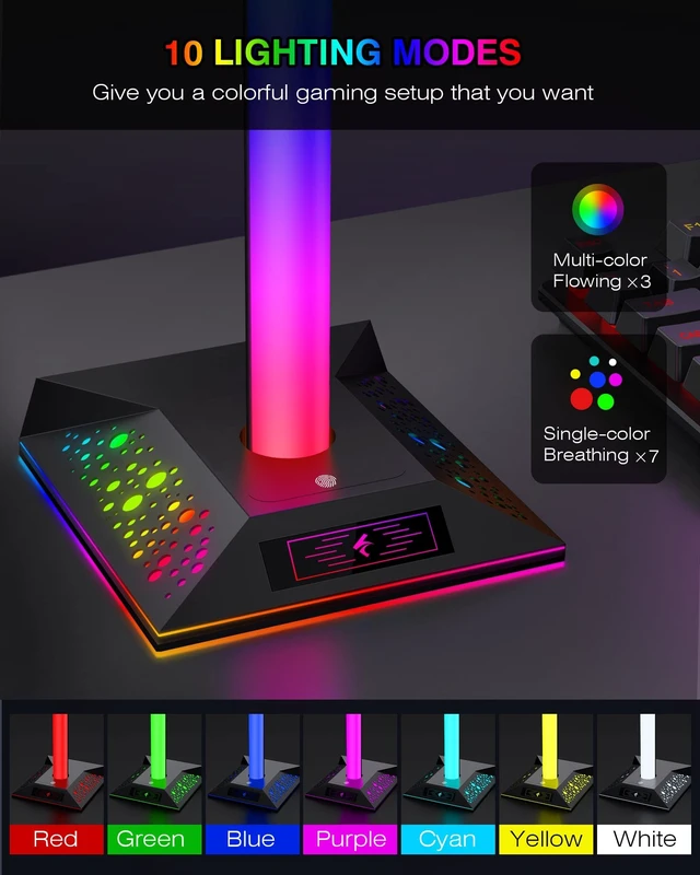 Alt view image 2 of 5 - Hcman Headphone Stand Gaming Headset Holder RGB PC Gaming Accessories for Desk, Cool LED Headset Stand with 2 USB Charger for Gamer, Black