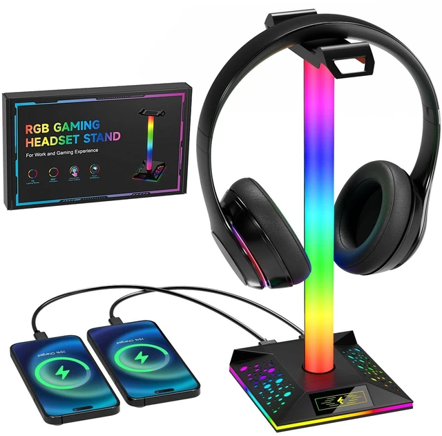 Main image of Hcman Headphone Stand Gaming Headset Holder RGB PC Gaming Accessories for Desk, Cool LED Headset Stand with 2 USB Charger for Gamer, Black