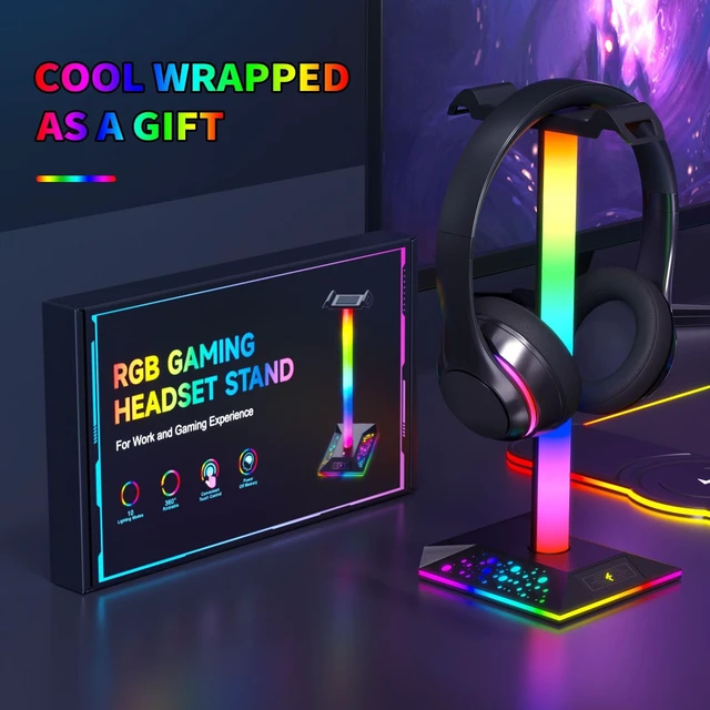 Alt view image 4 of 5 - Hcman Headphone Stand Gaming Headset Holder RGB PC Gaming Accessories for Desk, Cool LED Headset Stand with 2 USB Charger for Gamer, Black