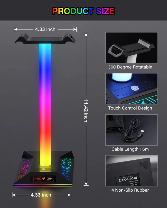 Alt view image 5 of 5 - Hcman Headphone Stand Gaming Headset Holder RGB PC Gaming Accessories for Desk, Cool LED Headset Stand with 2 USB Charger for Gamer, Black