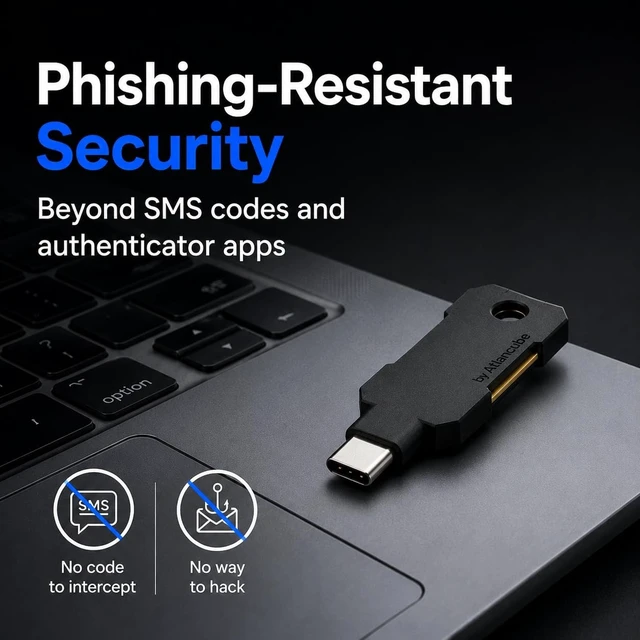 Alt view image 2 of 5 - ATLKey USB-C Security Key for Passkey & 2FA, FIDO2/U2F Certified with 3-Side Touch & Multi-Color LED, Stores 100 Passkeys, Phishing-Resistant Login for Google, Microsoft, Apple & More, IP68 Wa