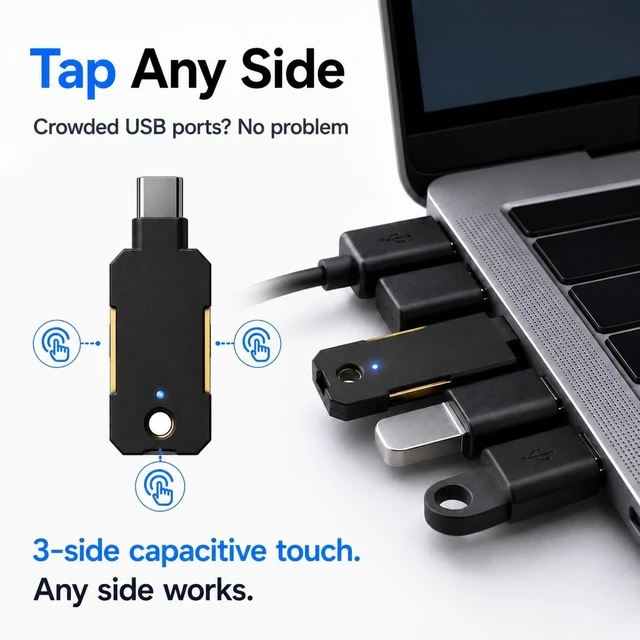 Alt view image 3 of 5 - ATLKey USB-C Security Key for Passkey & 2FA, FIDO2/U2F Certified with 3-Side Touch & Multi-Color LED, Stores 100 Passkeys, Phishing-Resistant Login for Google, Microsoft, Apple & More, IP68 Wa