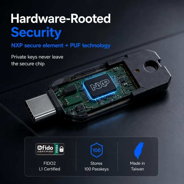 Alt view image 5 of 5 - ATLKey USB-C Security Key for Passkey & 2FA, FIDO2/U2F Certified with 3-Side Touch & Multi-Color LED, Stores 100 Passkeys, Phishing-Resistant Login for Google, Microsoft, Apple & More, IP68 Wa