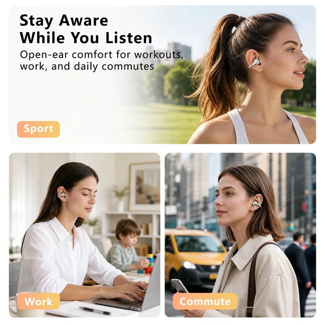 Alt view image 4 of 5 - UDFINE Open Ear Earbuds, Clip-on semi-Open Design fits All Ear Shapes, Lightweight Wireless Headphones with ENC Noise Cancellation, Bluetooth 6.0, IPX5 Waterproof, FlexClip (White)