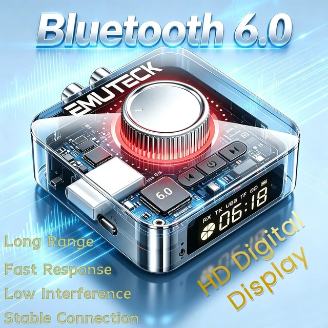 Alt view image 2 of 5 - EMUTECK Bluetooth 6.0 Transmitter Receiver with Display, 5-in-1 Bluetooth Audio Adapter for TV PC Car Speaker Headset Home Stereo Music Streaming System, Support 3.5mm AUX/RCA/USB/TF Card Output