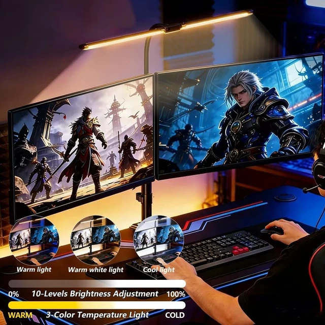 Alt view image 2 of 5 - ZUAVIALA Dual Monitor Stand with LED Desk Lamp,Dual Monitor Mount for Desk Holds up to 30 Inches Screens, Supports 19.84 lbs per Monitor Arm, Swivel, Rotate and Tilt 2 Monitor Desk Mount