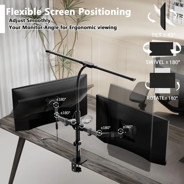 Alt view image 3 of 5 - ZUAVIALA Dual Monitor Stand with LED Desk Lamp,Dual Monitor Mount for Desk Holds up to 30 Inches Screens, Supports 19.84 lbs per Monitor Arm, Swivel, Rotate and Tilt 2 Monitor Desk Mount