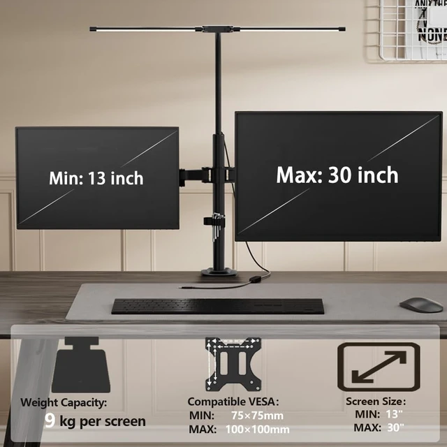 Alt view image 4 of 5 - ZUAVIALA Dual Monitor Stand with LED Desk Lamp,Dual Monitor Mount for Desk Holds up to 30 Inches Screens, Supports 19.84 lbs per Monitor Arm, Swivel, Rotate and Tilt 2 Monitor Desk Mount