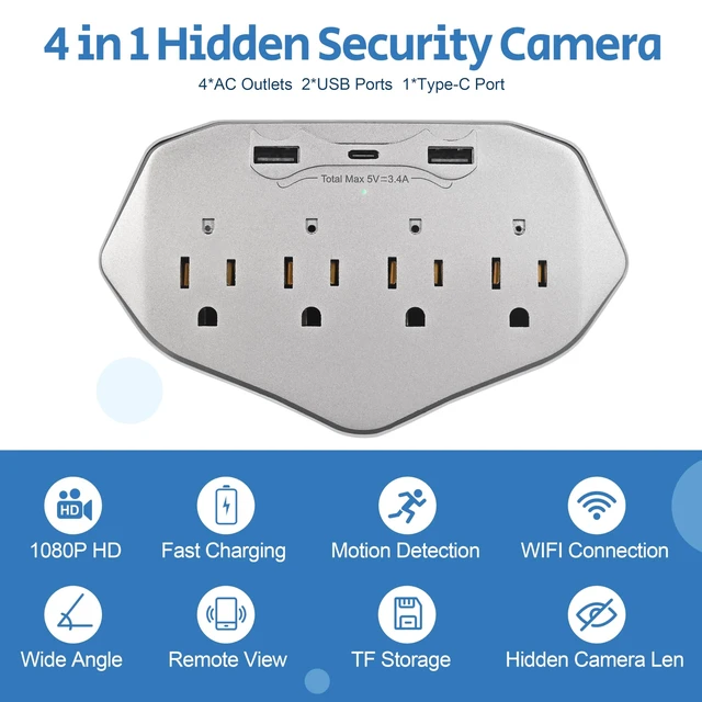 Alt view image 3 of 5 - CLAquaXL 1080P WiFi Wall Outlet Camera with 45W Fast Charging, 4 AC Outlets, USB-C & USB-A Charging Ports, Remote Viewing Security Camera with Loop Recording, No Night Vision