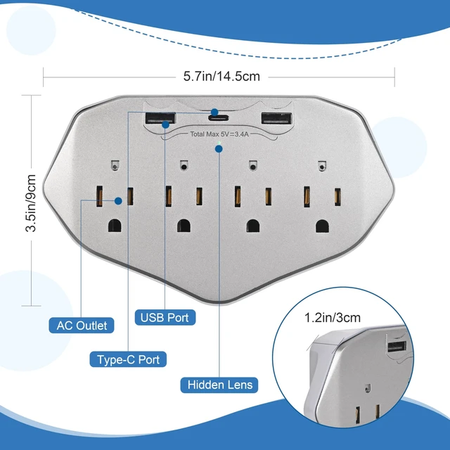 Alt view image 4 of 5 - CLAquaXL 1080P WiFi Wall Outlet Camera with 45W Fast Charging, 4 AC Outlets, USB-C & USB-A Charging Ports, Remote Viewing Security Camera with Loop Recording, No Night Vision