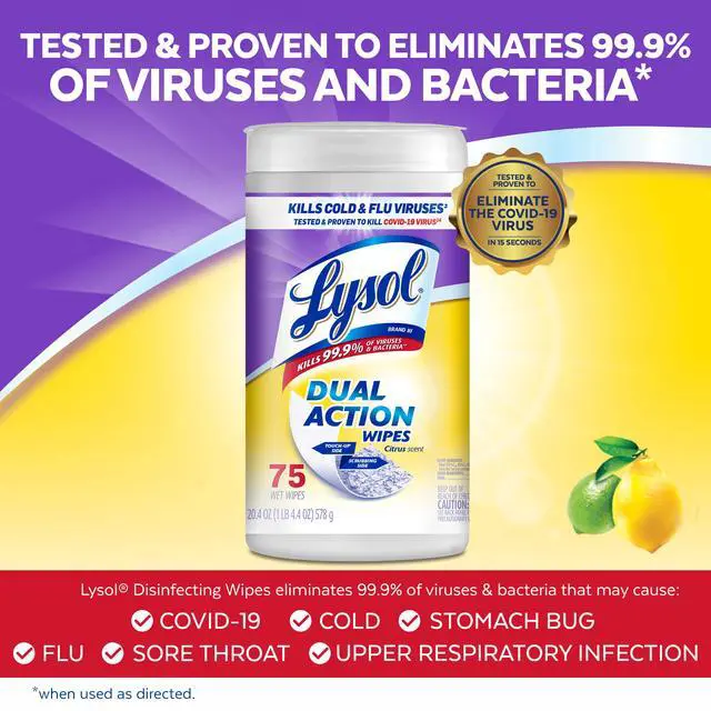Alt view image 6 of 7 - Lysol Dual Action Disinfectant Wipes, Multi-Surface Antibacterial Scrubbing Wipes, For Disinfecting and Cleaning, Citrus Scent, 75 Count