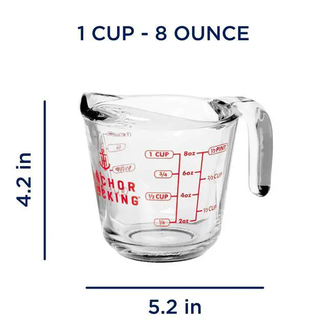Alt view image 3 of 7 - (2 pack) Anchor Hocking 1-Cup Glass Measuring Cup with Easy-Grip Handle and Spout