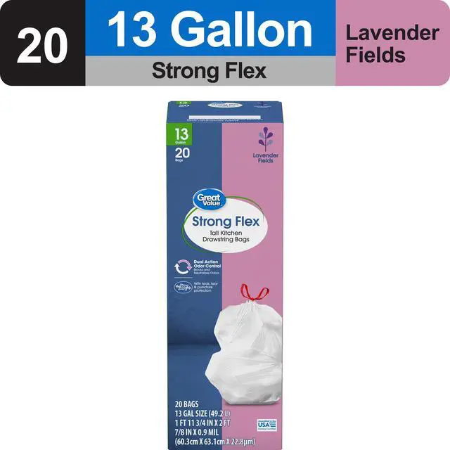 Alt view image 5 of 7 - Great Value Strong Flex 13Gallon Drawstring Tall Kitchen Trash Bags, Lavender Fields Scent, 20 Bags, Disposable Household Garbage Bags