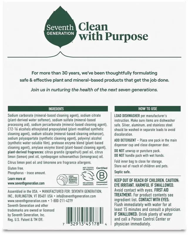 Alt view image 2 of 6 - Seventh Generation Dishwasher Detergent Packs for sparkling dishes Lemon Scent Dishwasher tabs 20 count