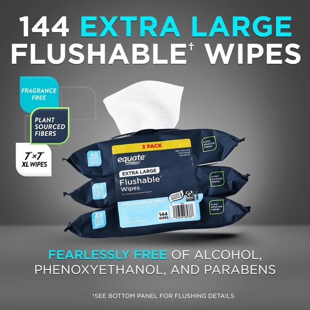 Alt view image 3 of 5 - Equate Extra Large Flushable Wet Wipes, Fragrance Free, 3 Pack of 144 Wipes