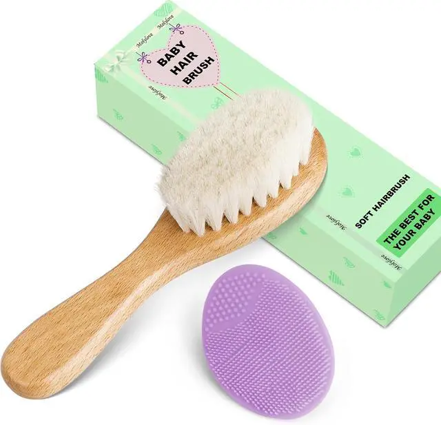 Alt view image 5 of 5 - Baby Hair Brush and Purple Cradle Cap Brush Set for Newborns and Toddlers, Wooden Baby Hair Brush Set with Soft Goat Bristle, Baby Hair Care Kit 2PCS