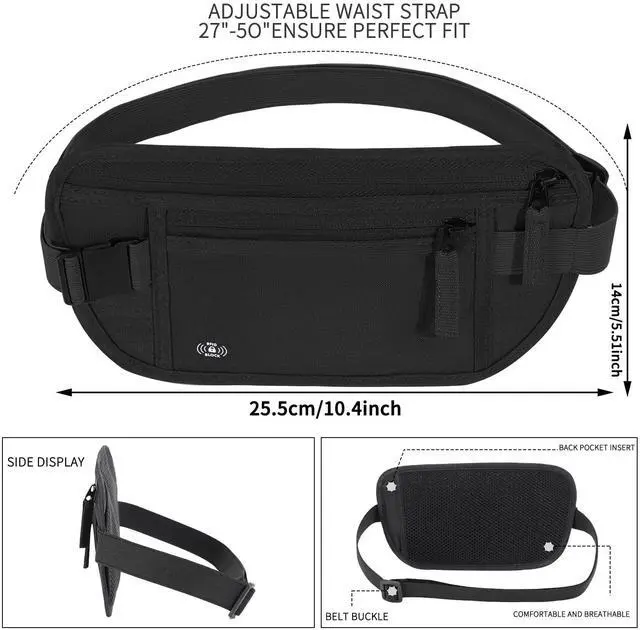 Alt view image 2 of 6 - Money Belt for Travel, RFID Blocking, Hidden Money Belt, Passport Holder for Travel (Black)