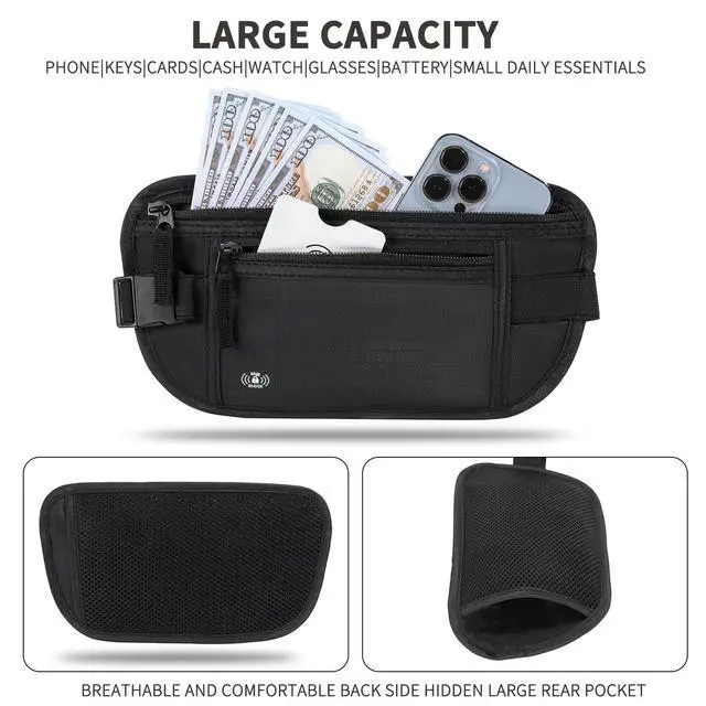 Alt view image 3 of 6 - Money Belt for Travel, RFID Blocking, Hidden Money Belt, Passport Holder for Travel (Black)