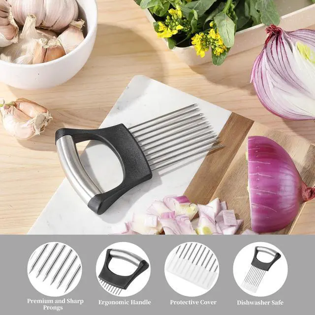 Alt view image 4 of 7 - Mumulo Stainless Steel Onion Slicer - Onion Cutter for Slicing and Storing Onions, Tomatoes, Eggs, Vegetables, with Protective Cover, Dishwasher Safe, Black