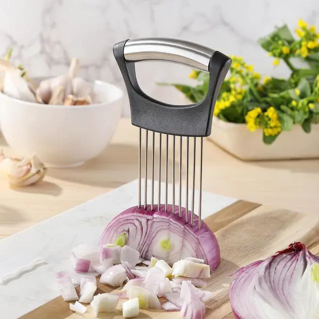 Alt view image 3 of 7 - Mumulo Stainless Steel Onion Slicer - Onion Cutter for Slicing and Storing Onions, Tomatoes, Eggs, Vegetables, with Protective Cover, Dishwasher Safe, Black