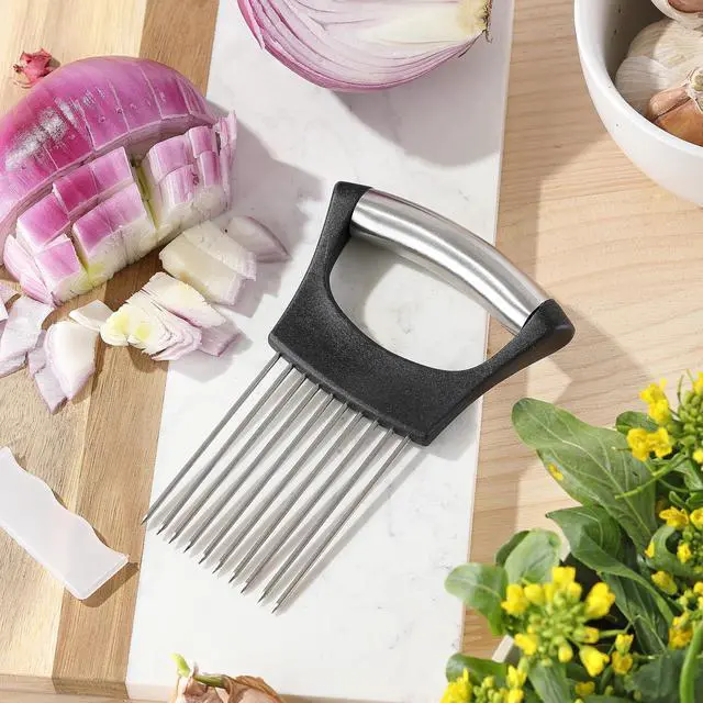 Alt view image 5 of 7 - Mumulo Stainless Steel Onion Slicer - Onion Cutter for Slicing and Storing Onions, Tomatoes, Eggs, Vegetables, with Protective Cover, Dishwasher Safe, Black
