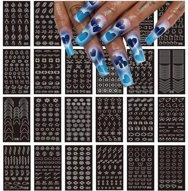 Main image of 24 Pcs Airbrush Stencil Nail Art Stickers Heart Butterfly Flower Moon Star Hollow French Art Decal Print Template Tool for DIY Nail Decoration