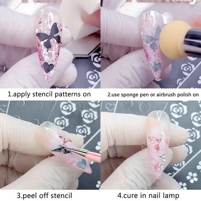 Alt view image 6 of 6 - 24 Pcs Airbrush Stencil Nail Art Stickers Heart Butterfly Flower Moon Star Hollow French Art Decal Print Template Tool for DIY Nail Decoration