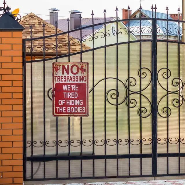 Alt view image 5 of 7 - Halloween Metal Tin Sign "No Trespassing We're Tired of Hiding the Bodies" Vintage Decor