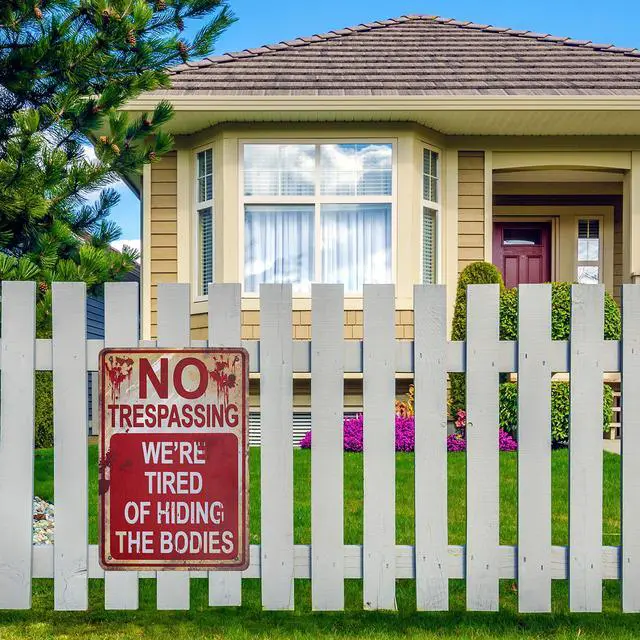 Alt view image 7 of 7 - Halloween Metal Tin Sign "No Trespassing We're Tired of Hiding the Bodies" Vintage Decor