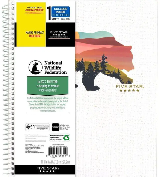 Main image of Five Star National Wildlife Federation Spiral Notebook + Study App, 1 Subject, College Ruled, 11" x 8.5", 80 Sheets, Forest Bear, 1 Count (820088FM)