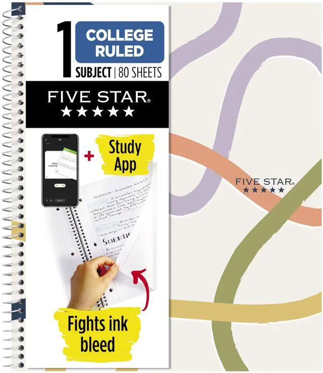 Main image of Five Star 820233F Spiral Notebook 1 Subject College Ruled 8-1/2" x 11" 80 Sheets Fights Ink Bleed Water Resistant Covers Organic Lines + Study App
