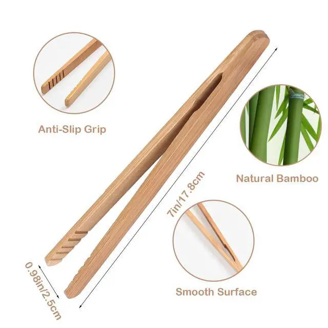 Alt view image 2 of 7 - Mini Bamboo Toast Tongs 7Inch, Non-Slip Design, Multi-Purpose for Toast, Bread, Pickles, Sugar, BBQ, Salad, Frying (2 Pack)