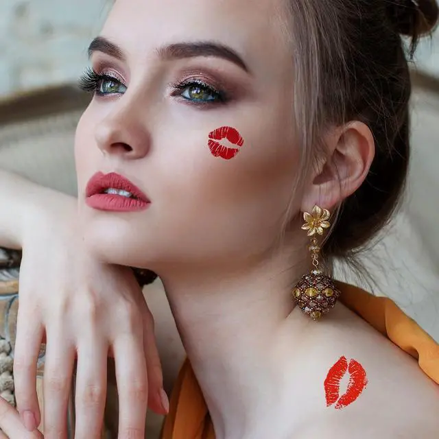 Alt view image 2 of 7 - 25 Sheets (65Pcs) Red Lips Temporary Tattoo Stickers, Self-adhesive, Water-proof, for Adult Women Girls Face Body Halloween Decorations