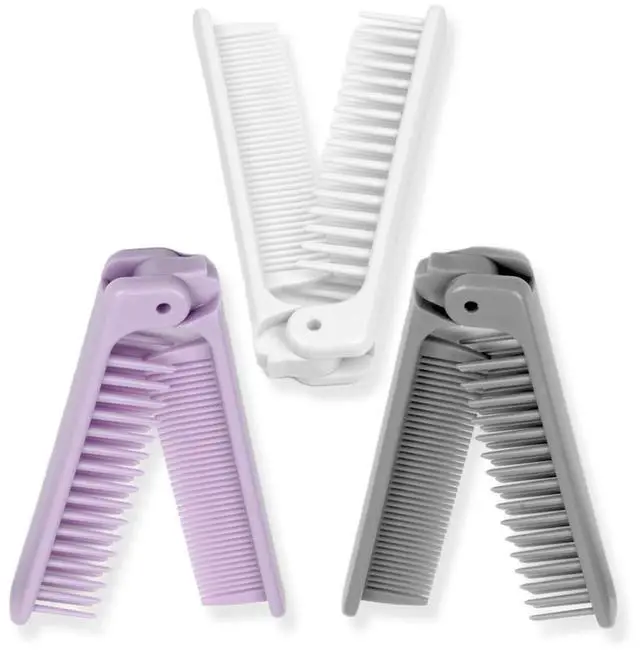 Main image of 3-Piece Pocket Folding Comb Set, Dual-Headed Design, Portable Travel Hair Brushes, Compact and Colorful (Gray, Purple, White)