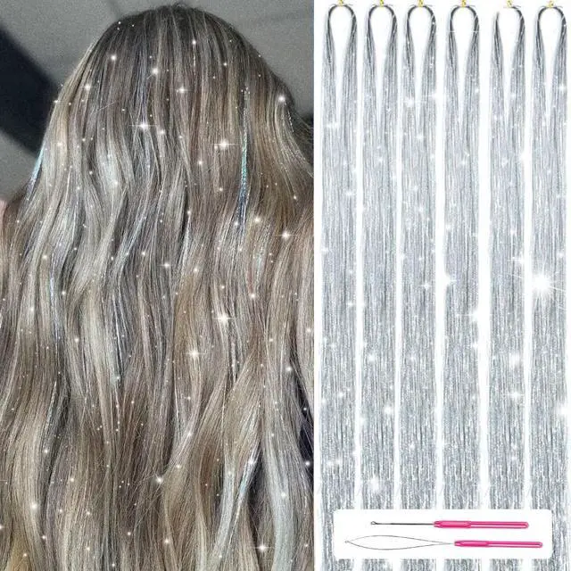 Main image of Hair Tinsel Kit with Tools, 48 Inch, 1200 Strands, Glitter Tinsel Extensions, Sparkling Shiny, Heat Resistant, for Women & Girls, 6 Pcs, Silver