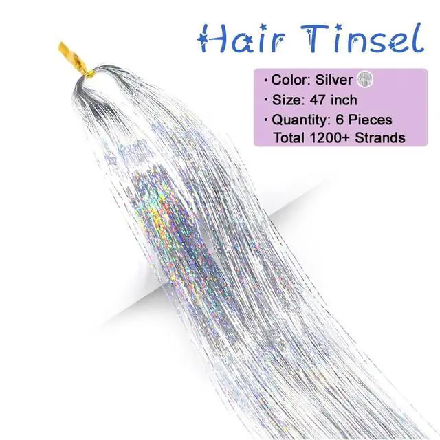 Alt view image 3 of 7 - Hair Tinsel Kit with Tools, 48 Inch, 1200 Strands, Glitter Tinsel Extensions, Sparkling Shiny, Heat Resistant, for Women & Girls, 6 Pcs, Silver