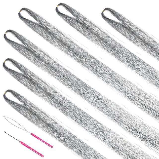 Alt view image 7 of 7 - Hair Tinsel Kit with Tools, 48 Inch, 1200 Strands, Glitter Tinsel Extensions, Sparkling Shiny, Heat Resistant, for Women & Girls, 6 Pcs, Silver